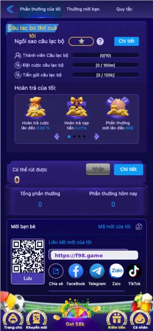 Câu lạc bộ VIP và hoàn trả tại F98